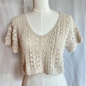 Roxy Women Crocheted Natural Short Sleeve Crop Top Sweater S Cream Beige